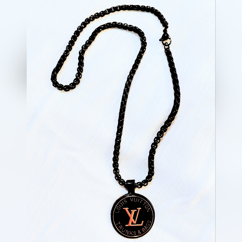 Upcycled Large L.V. Black and Gold Trunks & Bags Zipper Pull Logo Neclace